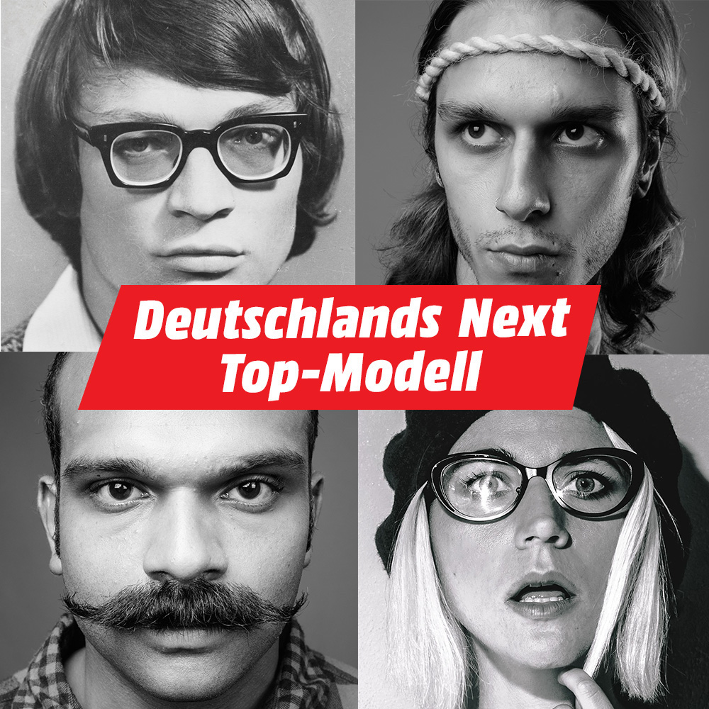 Collage aus Profil-Fotos im Retro Look, 3 Männer und eine Frau, Slogan Deutschlands Next Top-Modell