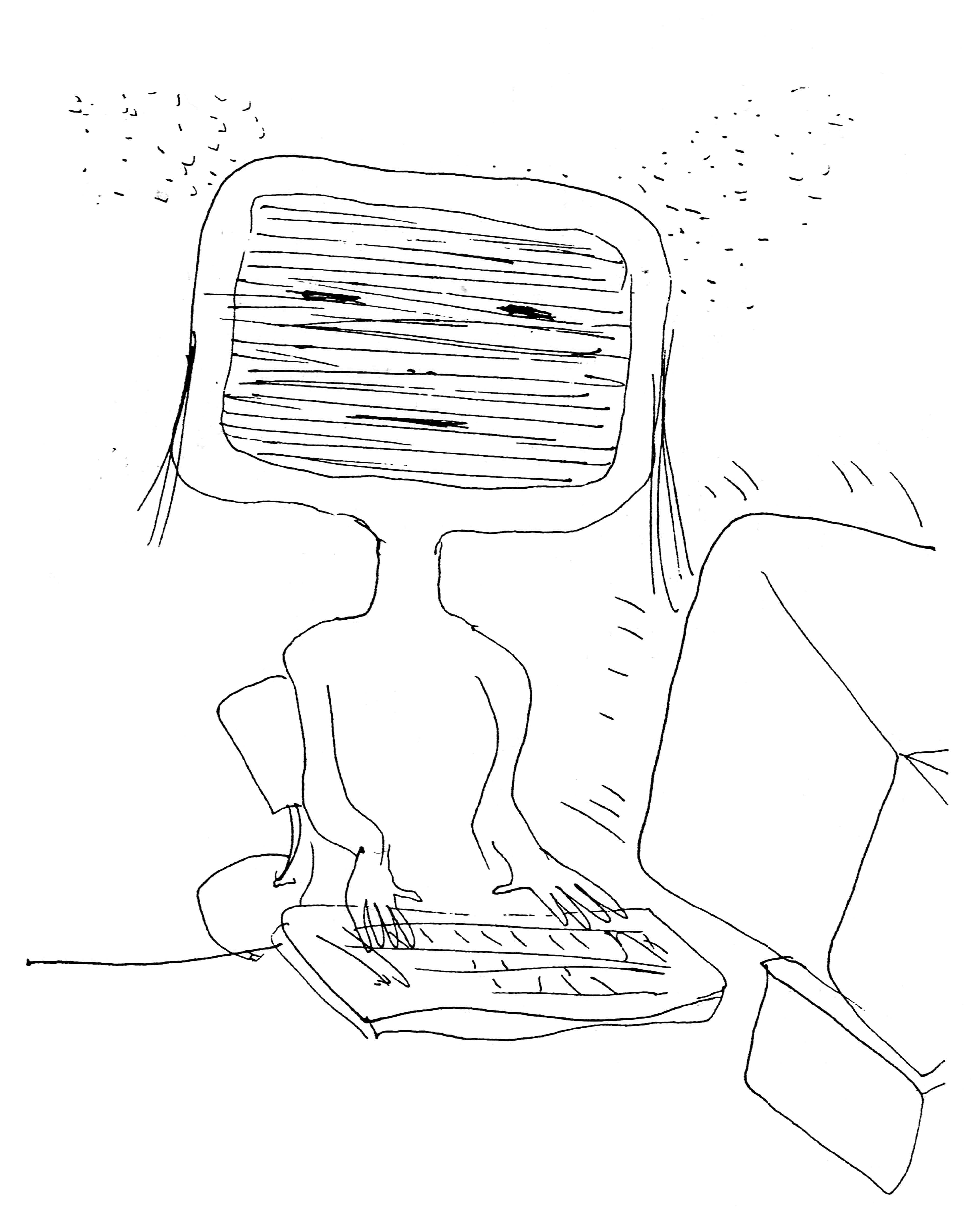 Computergesicht, Tusche/Feder, 1995, Renate Kordon © Bildrecht Wien